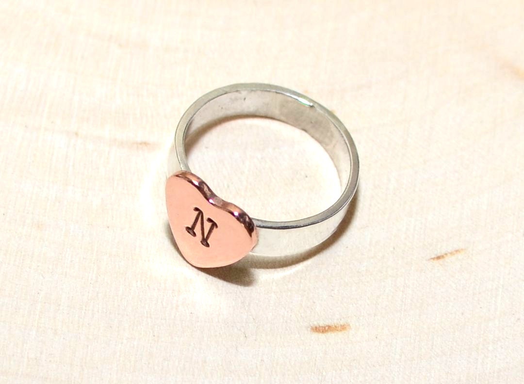 Personalized copper heart on sterling silver band