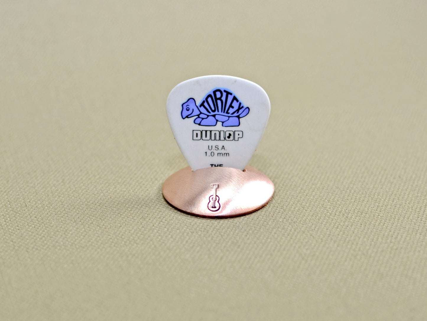 Copper Guitar Pick Holder in Disc Style Stand with a Guitar Stamp -