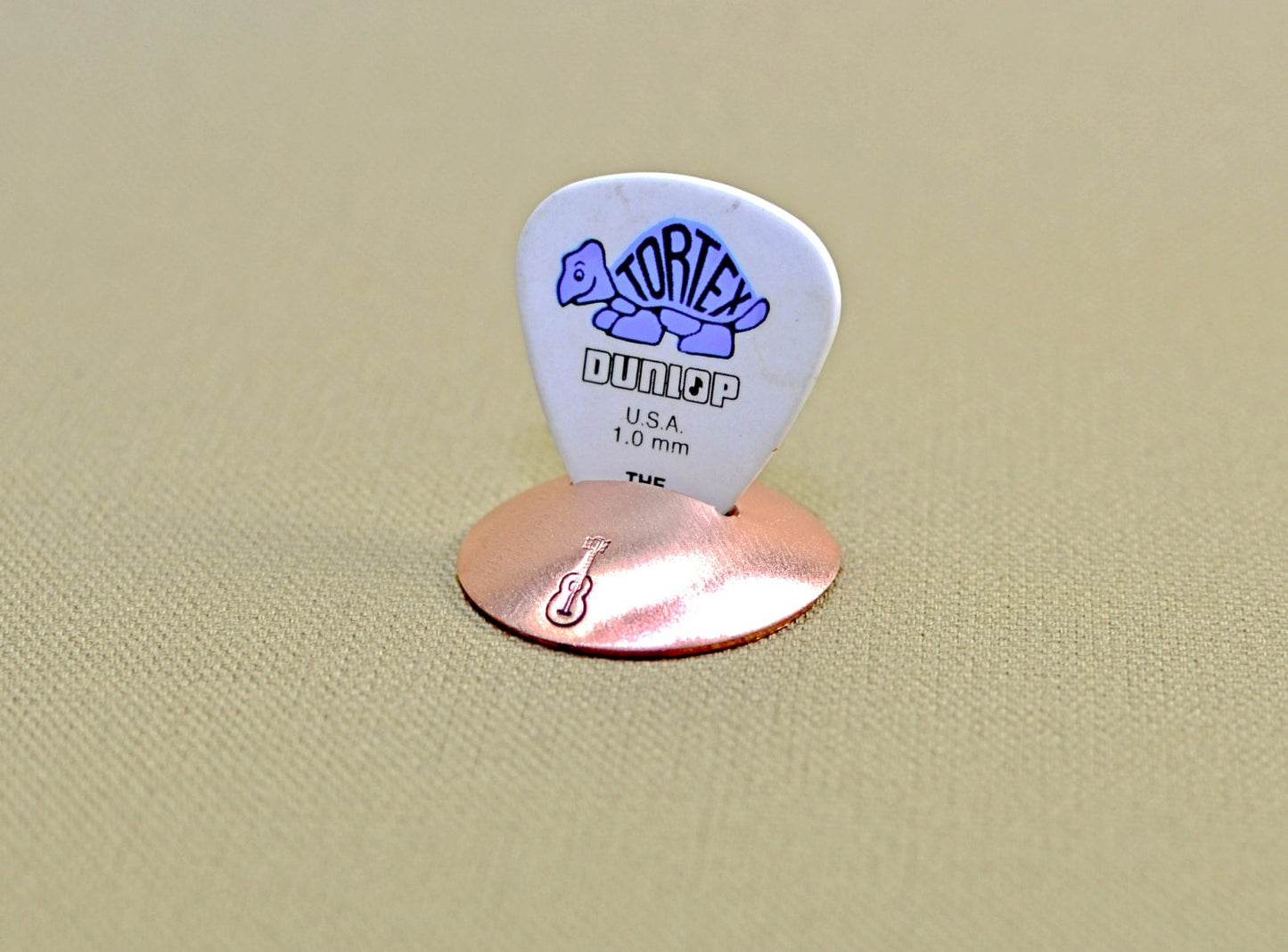 Copper Guitar Pick Holder in Disc Style Stand with a Guitar Stamp -