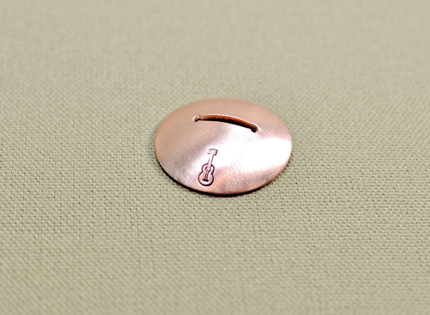 Copper Guitar Pick Holder in Disc Style Stand with a Guitar Stamp -