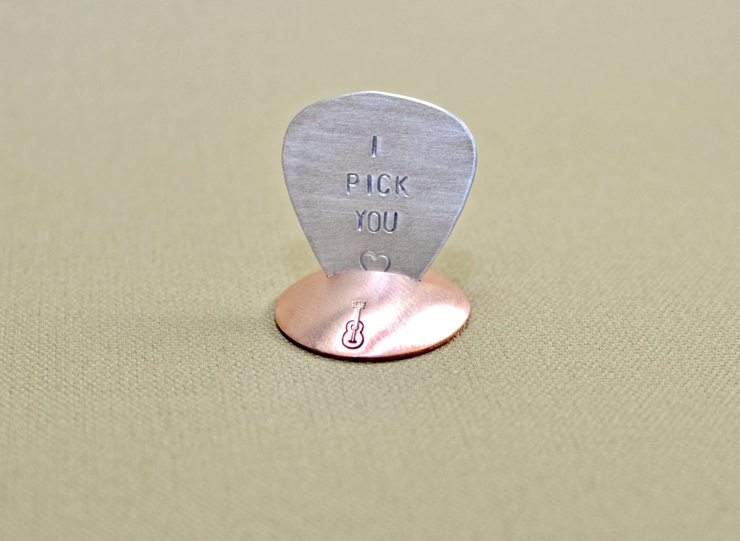 Copper Guitar Pick Holder in Disc Style Stand with a Guitar Stamp -