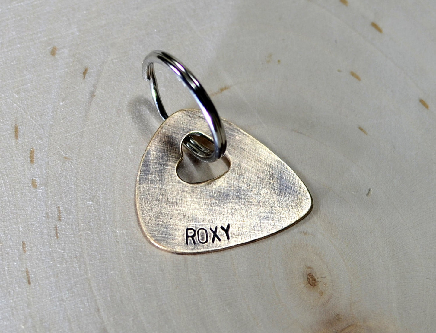 Guitar Pick Bronze Dog Tag with a Heart and Personalized Engraving