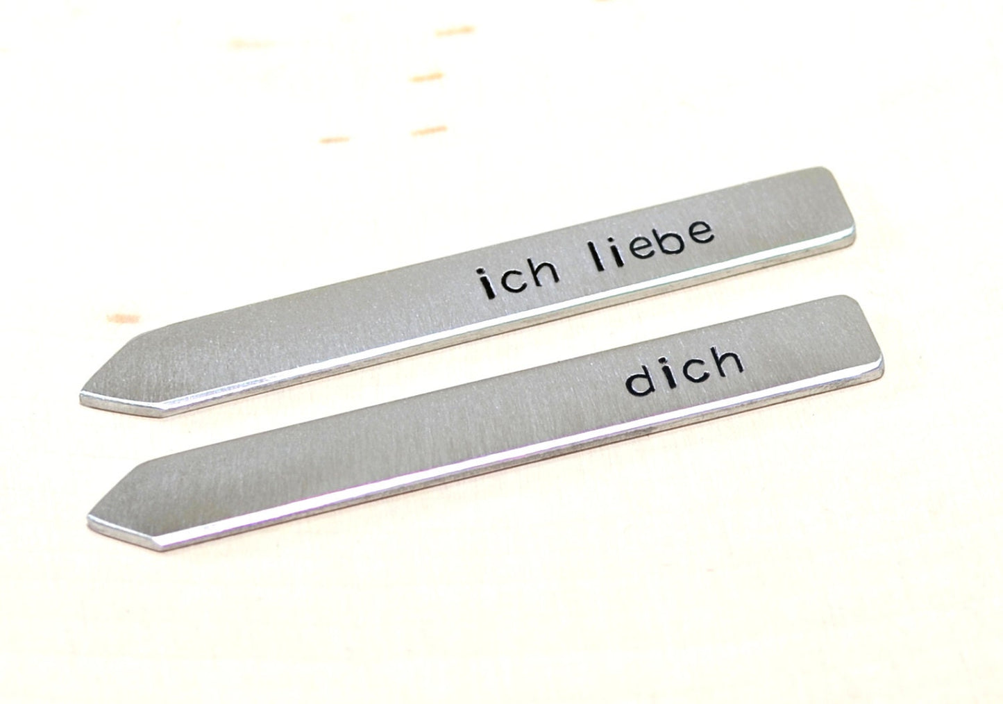 Ich liebe Dich Thick Aluminum Collar Stays stamped with I Love You in German
