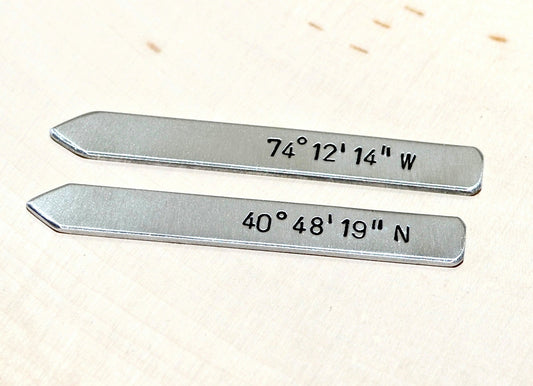 Sterling silver collar stays with personalized  latitude longitude coordinates