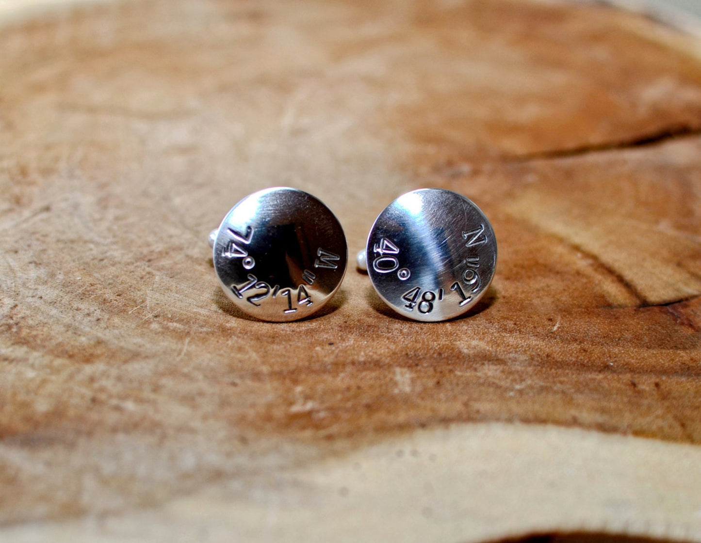 Location themed sterling silver cuff links with your latitude and longitude coordinates