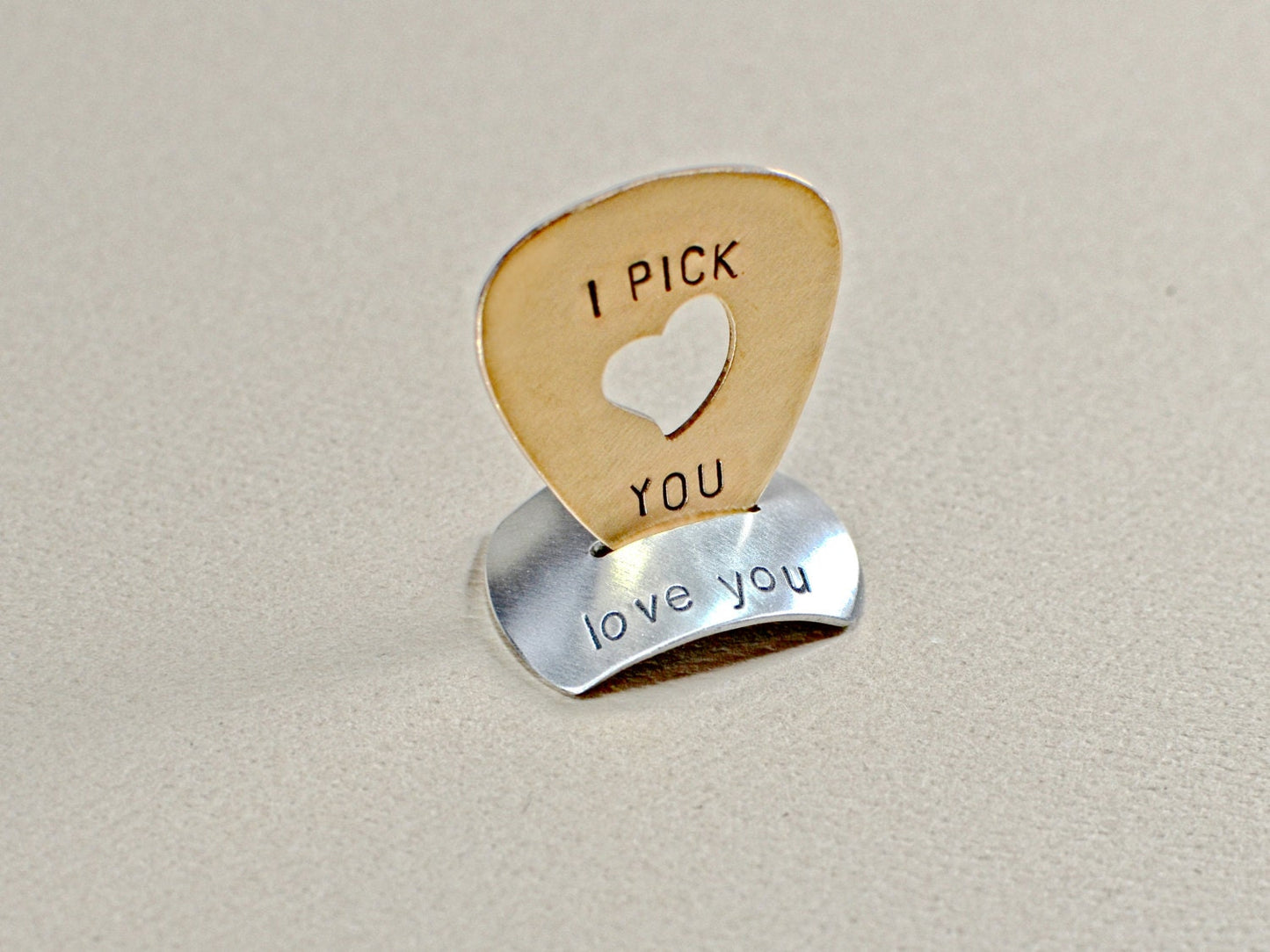 Guitar pick stand in aluminum with handstamped I love you