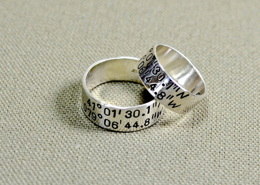 Personalized latitude longitude coordinates on sterling silver ring set