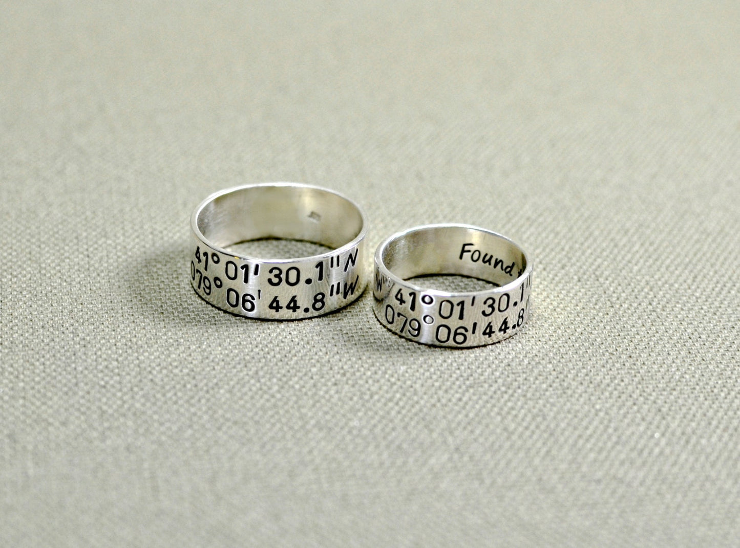 Personalized latitude longitude coordinates on sterling silver ring set