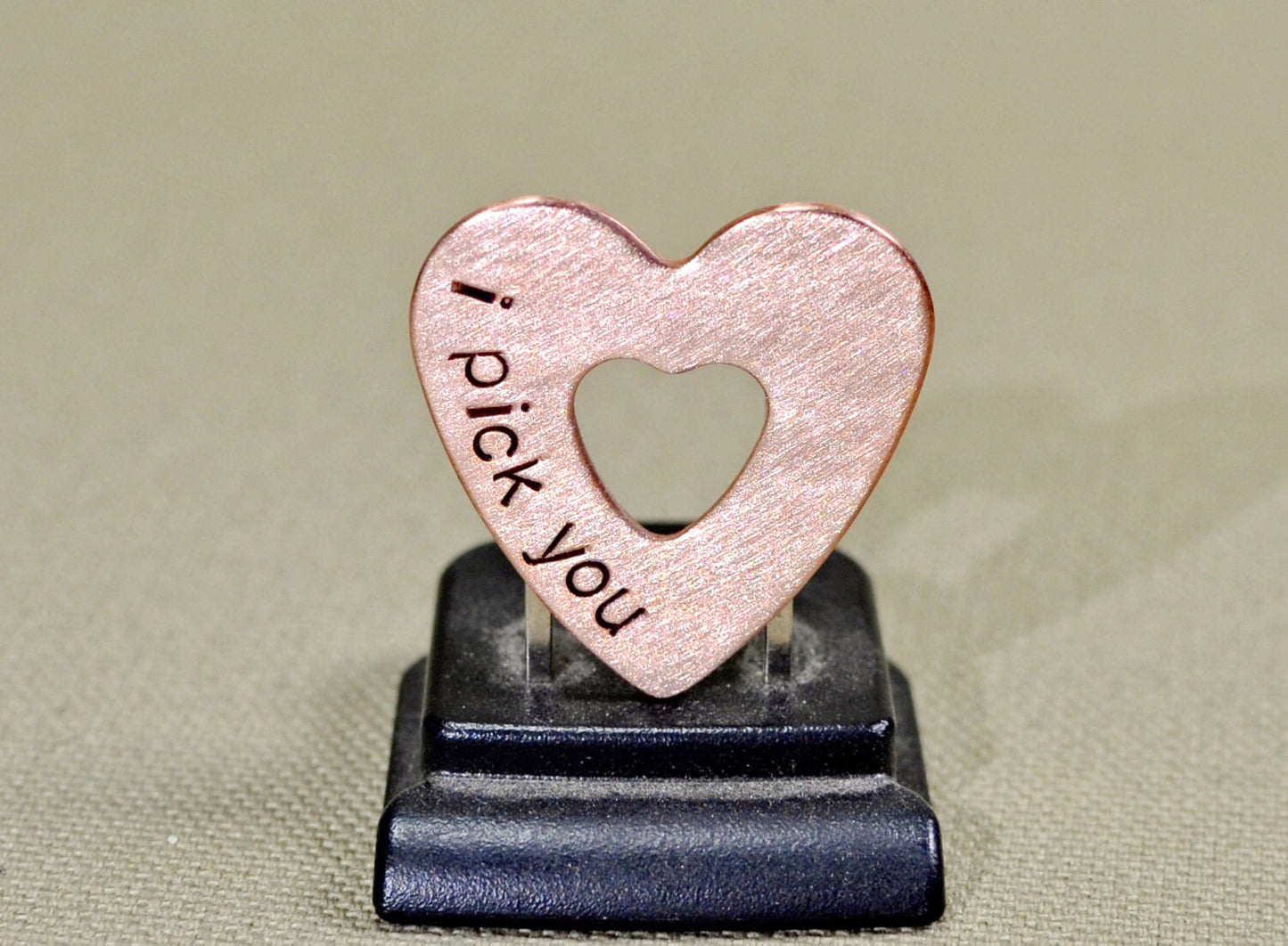 Double heart mini guitar pick in copper with I Pick You