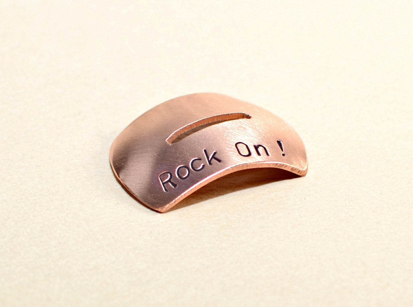 Copper guitar pick stand engraved with rock on - with or without guitar pick