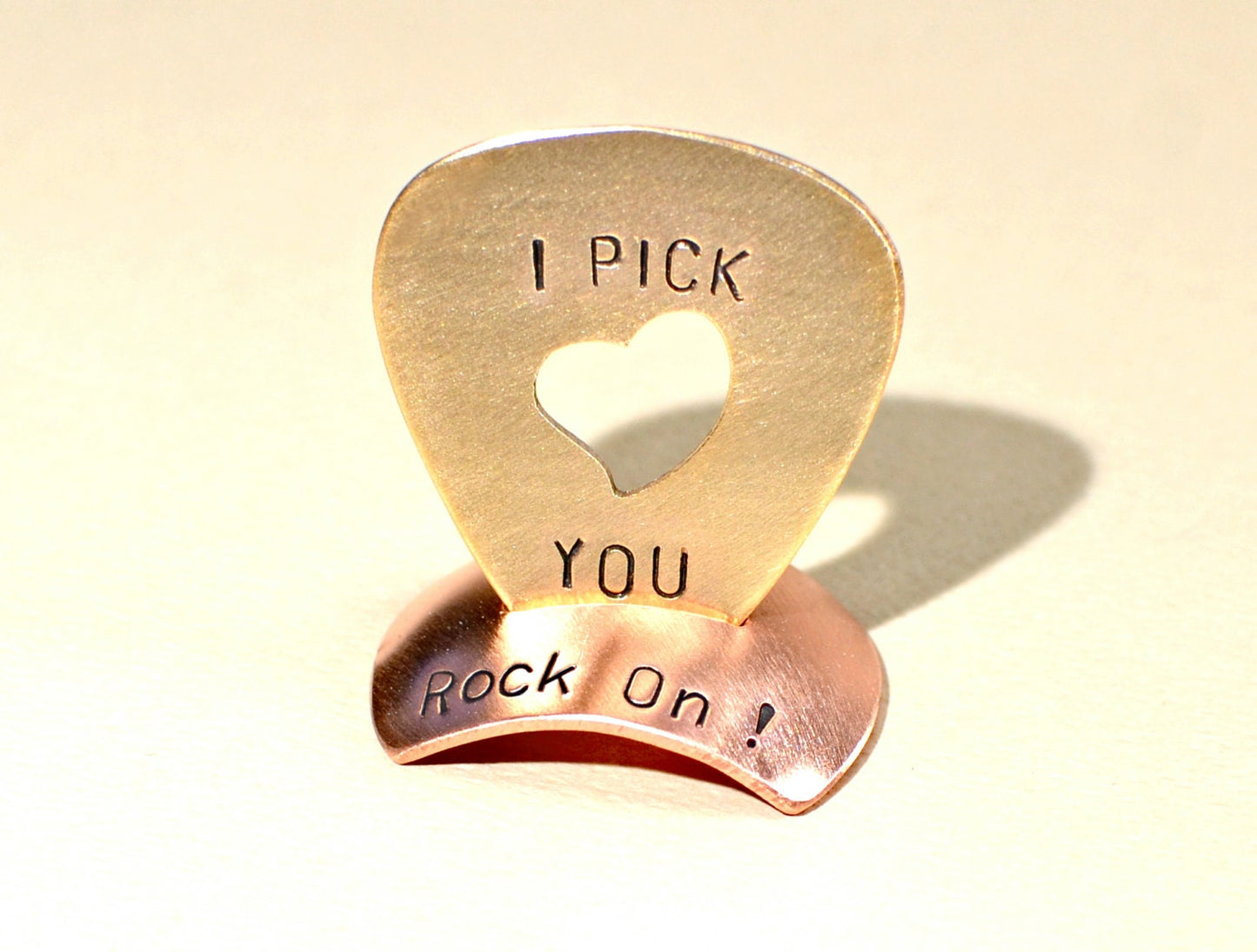 Copper guitar pick stand engraved with rock on - with or without guitar pick