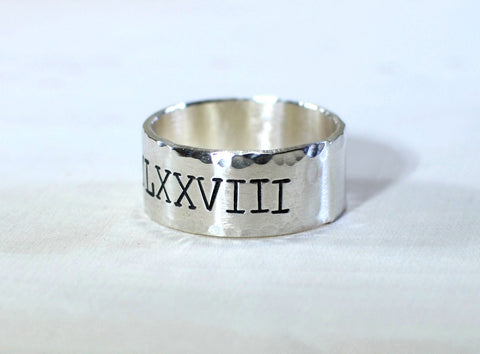 Roman Numeral Ring in Sterling silver with hammered and brushed finish, NiciArt 