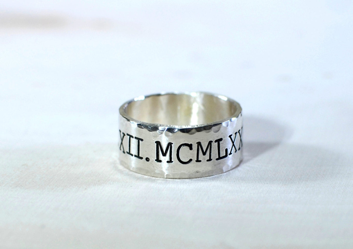 Sterling Silver Roman numeral ring with hammered finish