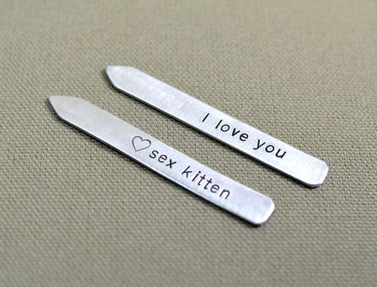 Aluminum collar stays stamped with sex kitten