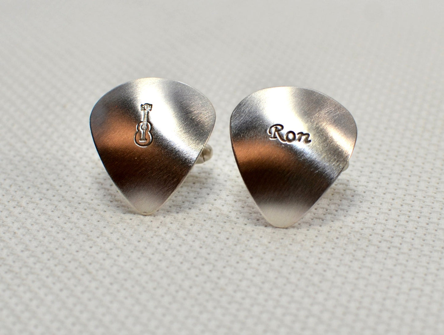 Sterling silver guitar pick cuff links with personalized engravings