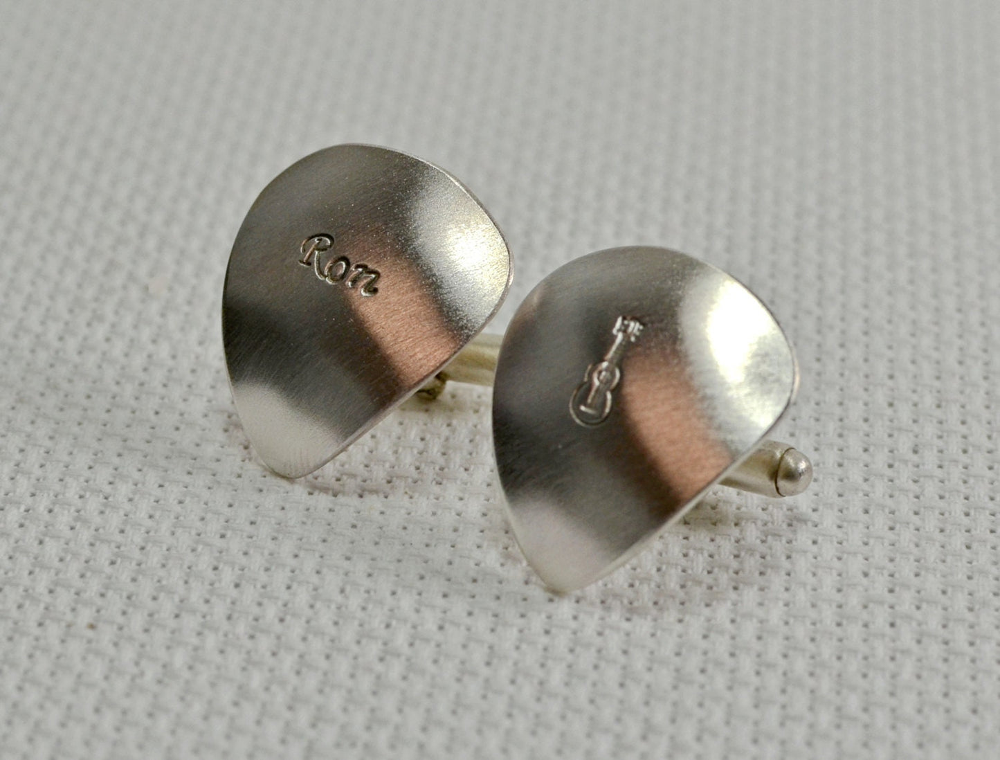 Sterling silver guitar pick cuff links with personalized engravings