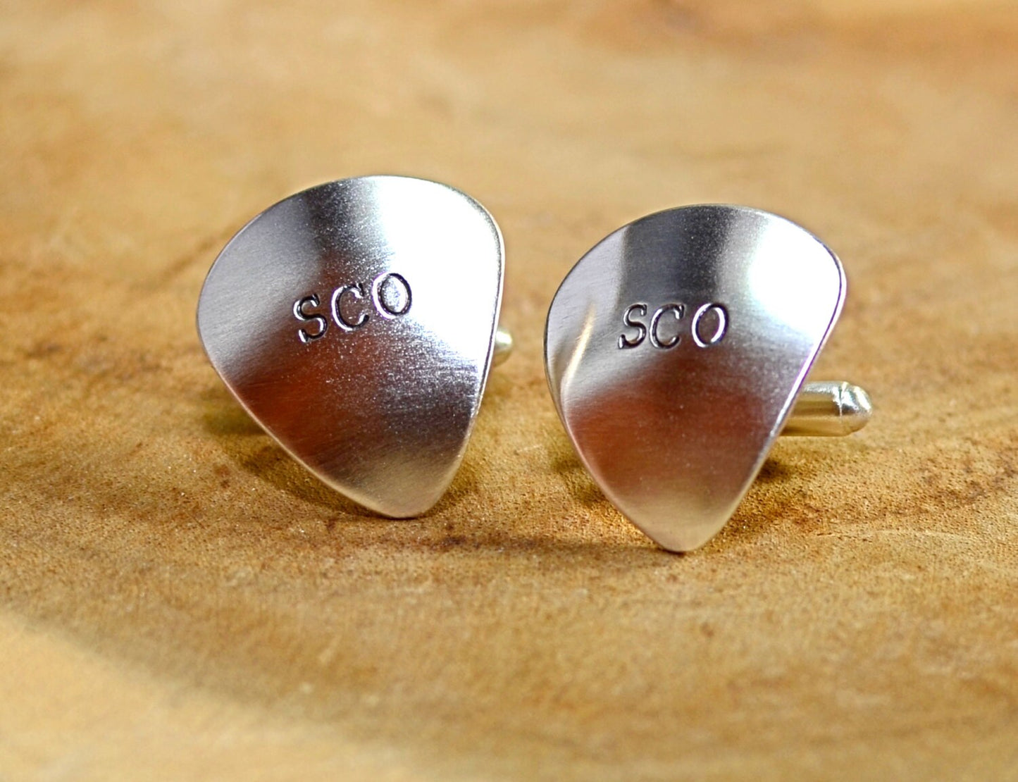 Personalized sterling silver guitar pick cuff links with initials or monogram