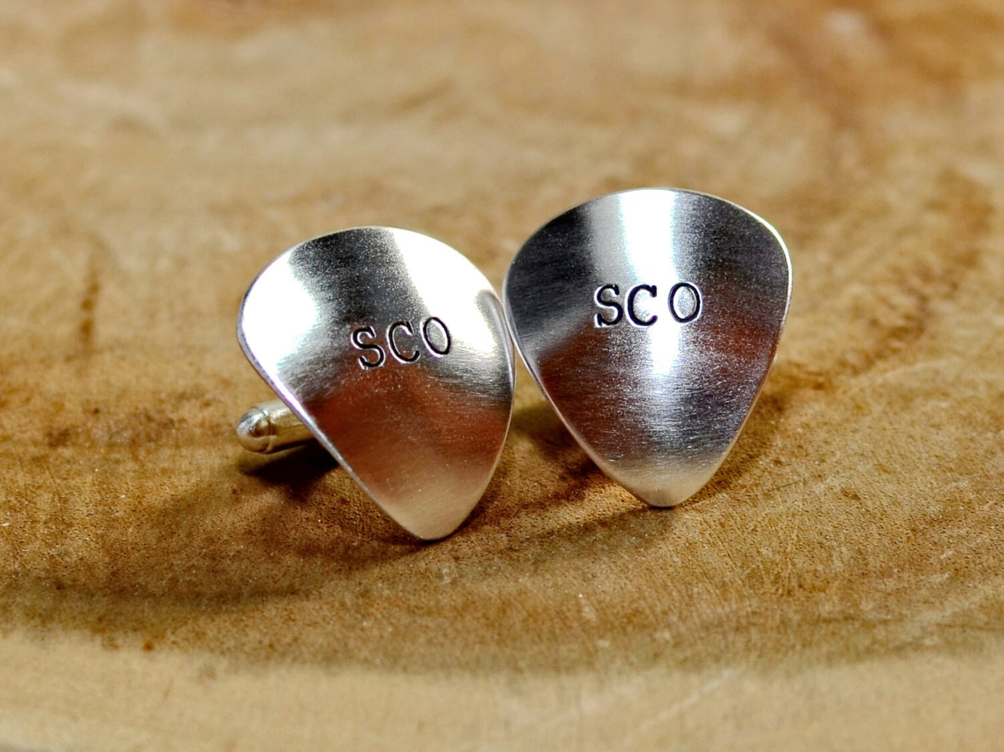 Personalized sterling silver guitar pick cuff links with initials or monogram