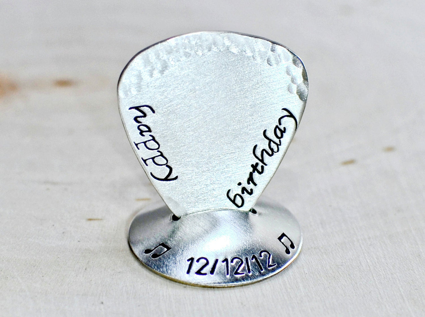 Sterling silver happy birthday guitar pick and guitar pick stand