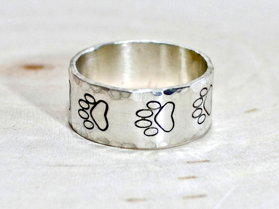 Sterling Silver Paw Print Ring with Hammered Edges