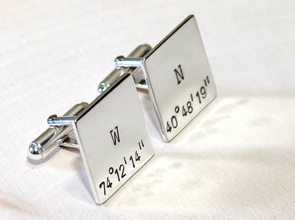 Square sterling silver cuff links with personalized latitude longitude coordinates