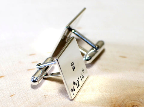 Latitude longitude square sterling silver cuff links with personalized coordinates, NiciArt 