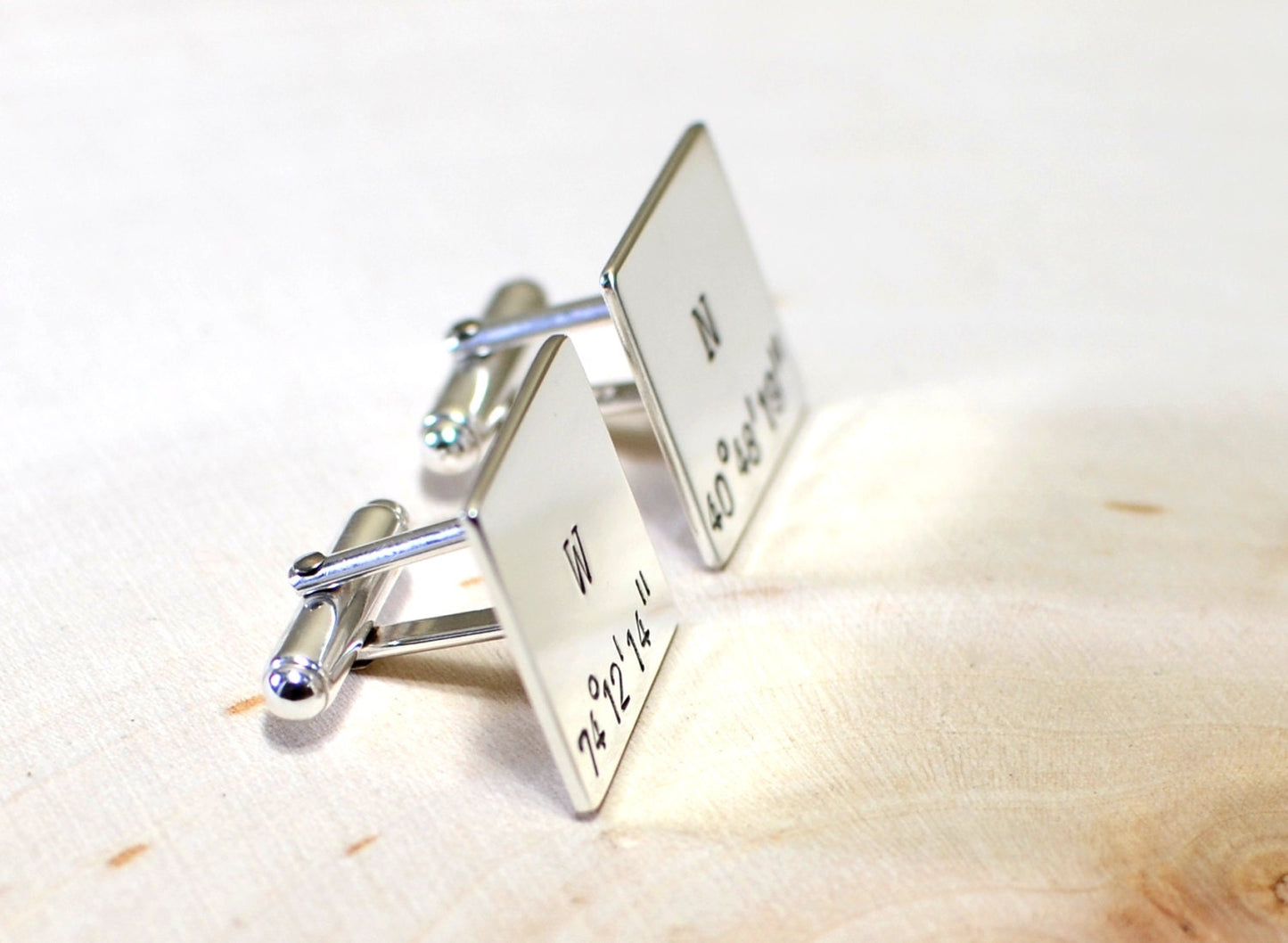 Square sterling silver cuff links with personalized latitude longitude coordinates