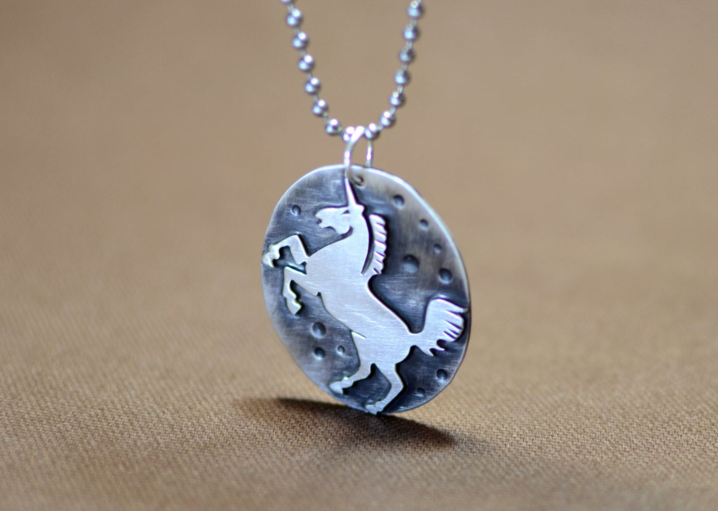 Sterling Silver Unicorn Disc Necklace with antiqued Patinas