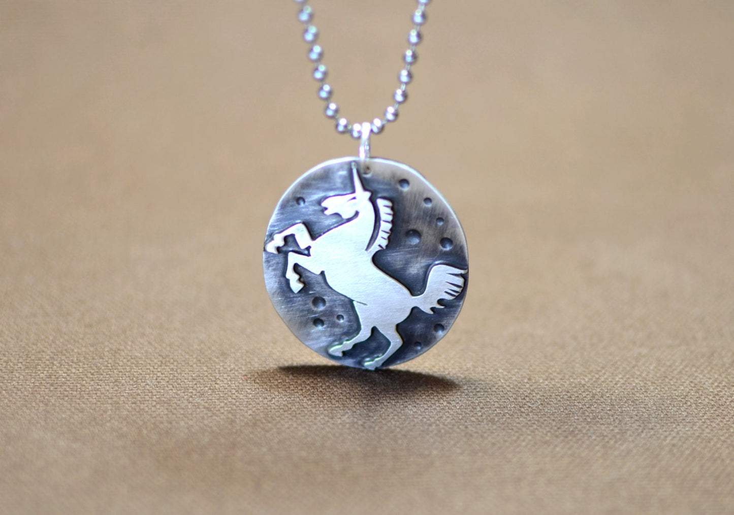 Sterling Silver Unicorn Disc Necklace with antiqued Patinas