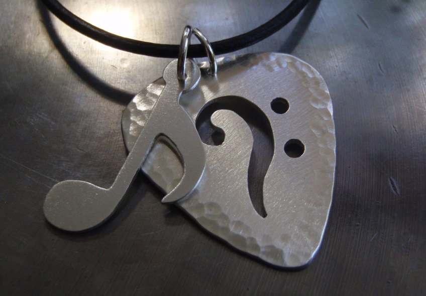 Bass Clef sterling silver guitar pick necklace with additional music note charm