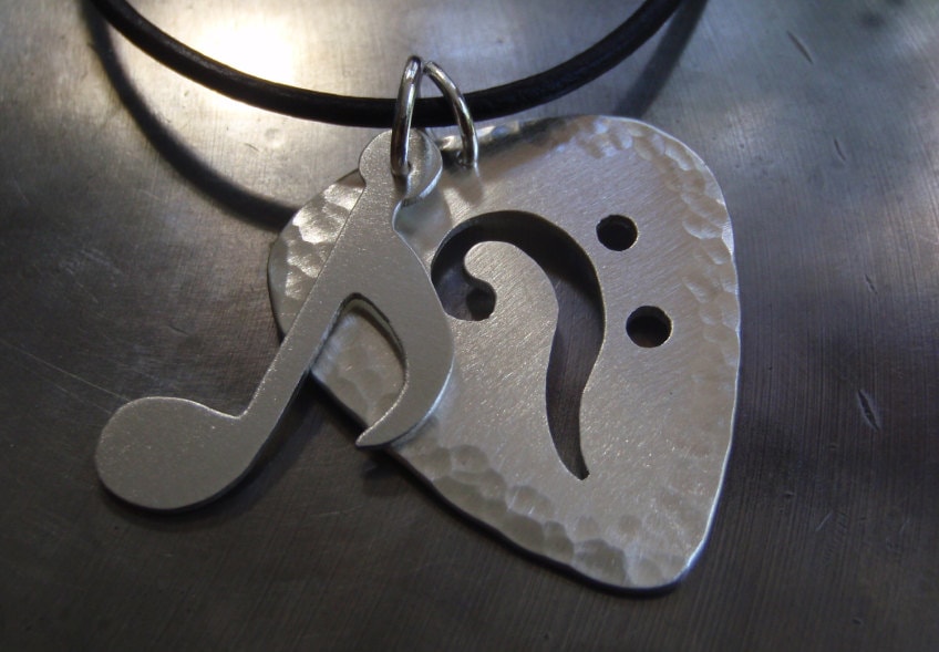 Sterling silver Music note and bass clef guitar pick necklace