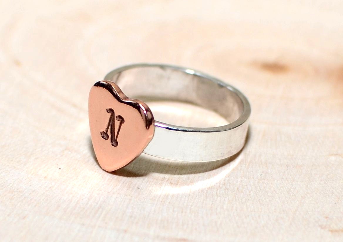 Personalized copper heart on sterling silver band