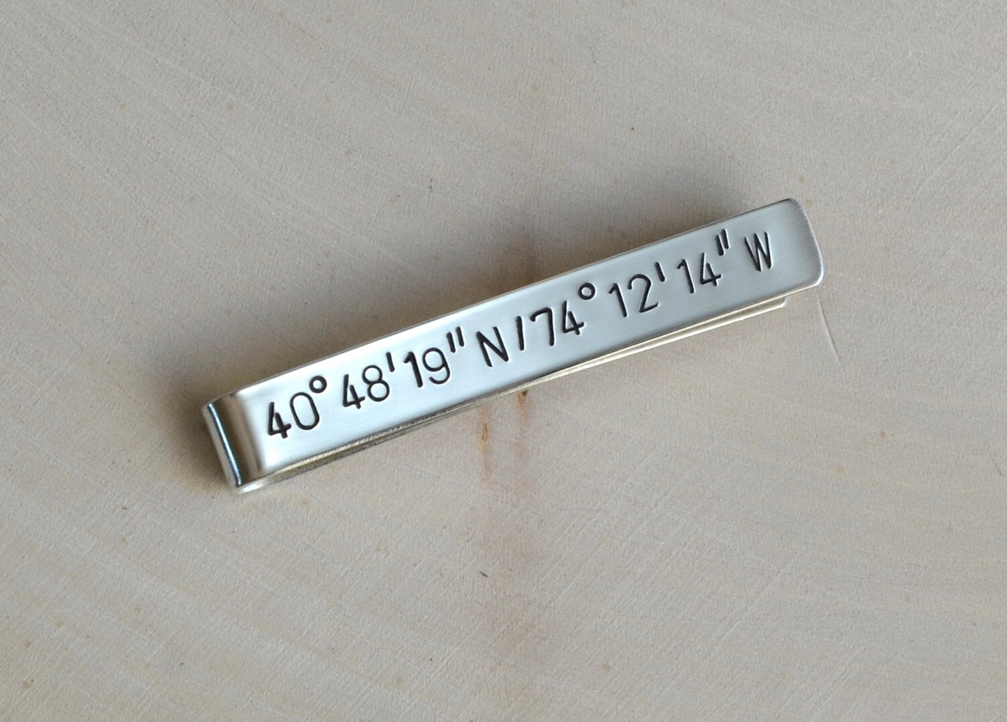 Sterling Silver Tie Clip with Personalized Latitude Longitude Coordinates