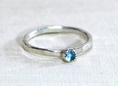 Sterling Silver Ring with Blue Topaz and Custom Hammered Band, NiciArt 