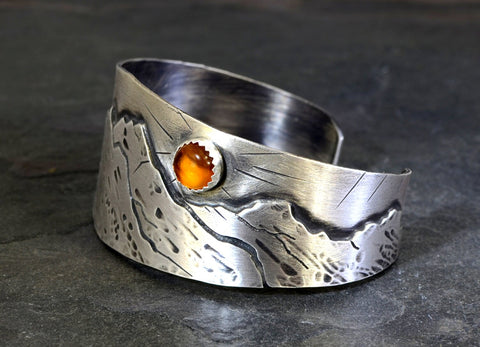 Harvest Moon over Mountains Handmade Artisan Sterling Silver Cuff Bracelet with Amber, NiciArt 
