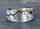 Harvest Moon over Mountains Handmade Artisan Sterling Silver Cuff Bracelet with Amber, NiciArt 