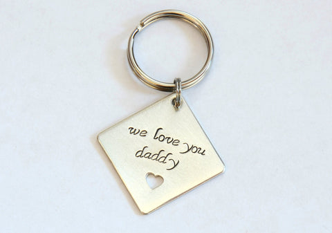 Sterling Silver Square Keychain with Heart Cut Out and We Love You Daddy or Custom Message, NiciArt 