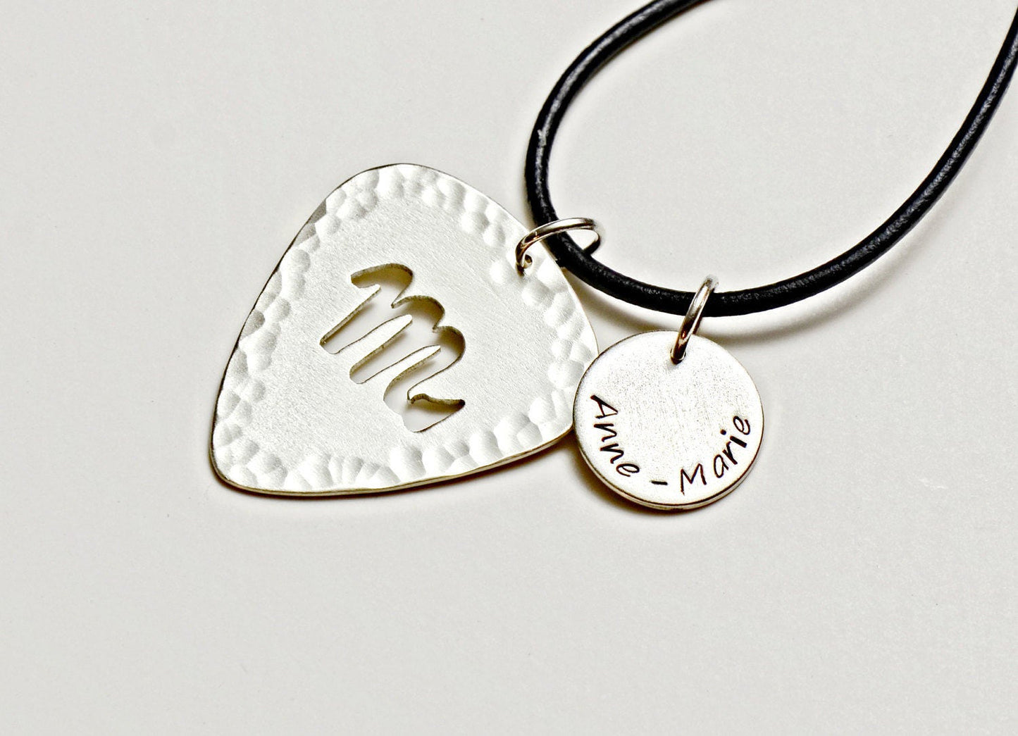 Personalized Zodiac Sign Necklace on Sterling Silver Guitar Pick with Disc Charm