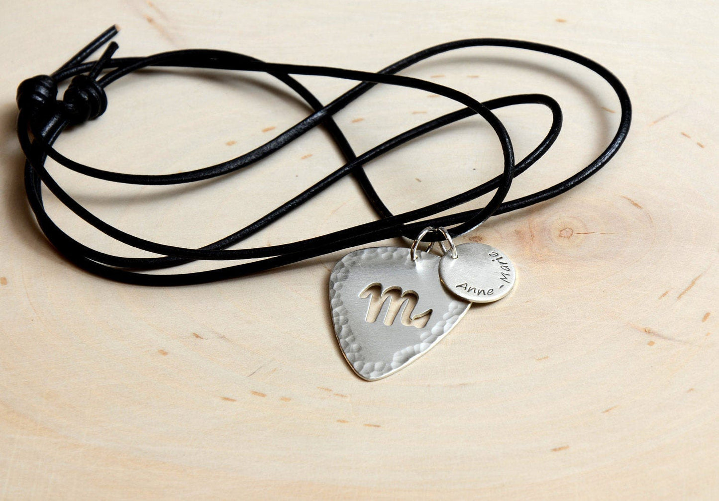 Personalized Zodiac Sign Necklace on Sterling Silver Guitar Pick with Disc Charm