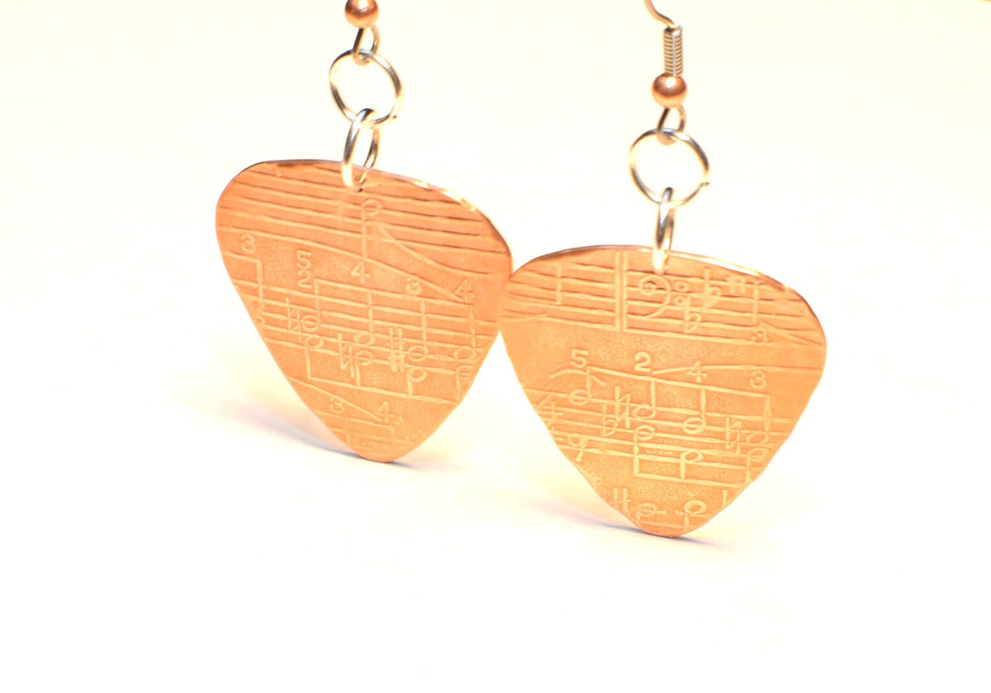 Copper guitar pick dangle earrings with musical notes