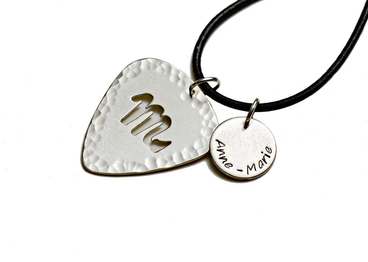 Personalized Zodiac Sign Necklace on Sterling Silver Guitar Pick with Disc Charm