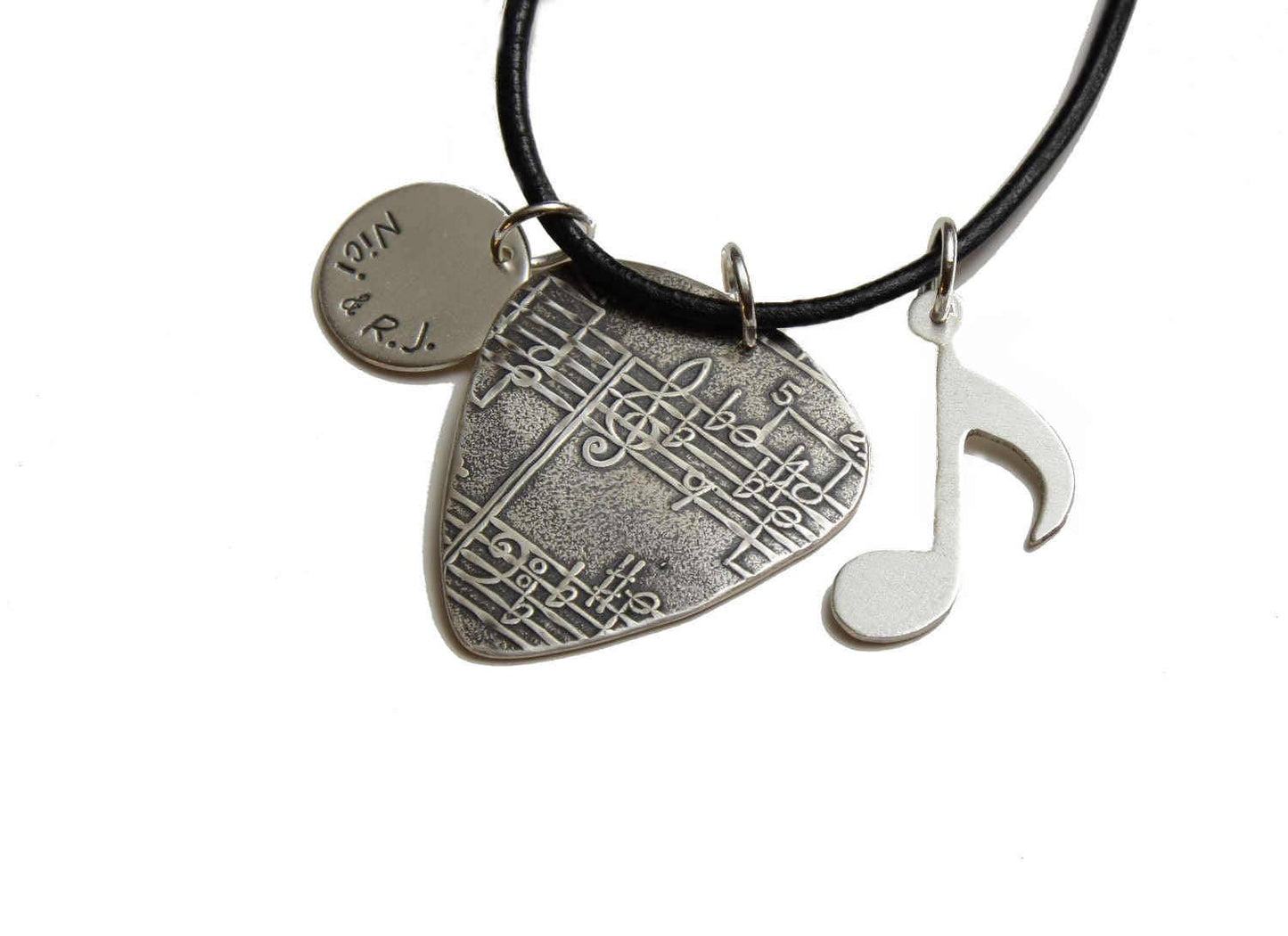 Sterling Silver Necklace Guitar Pick with a Music Note and Personalized Disc