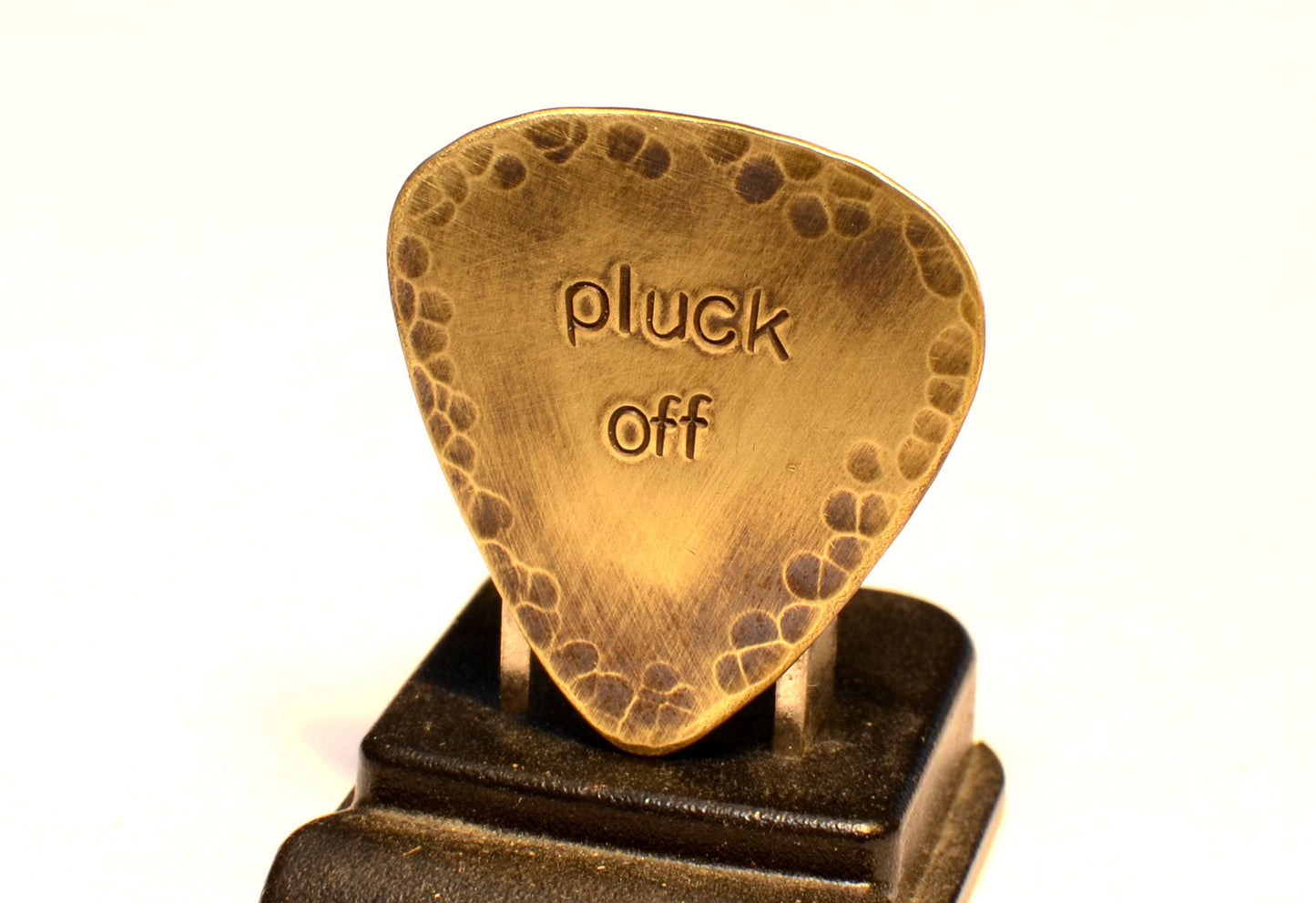 Pluck Off Brass Guitar Pick with Rustic Patina and Hammered Patterning