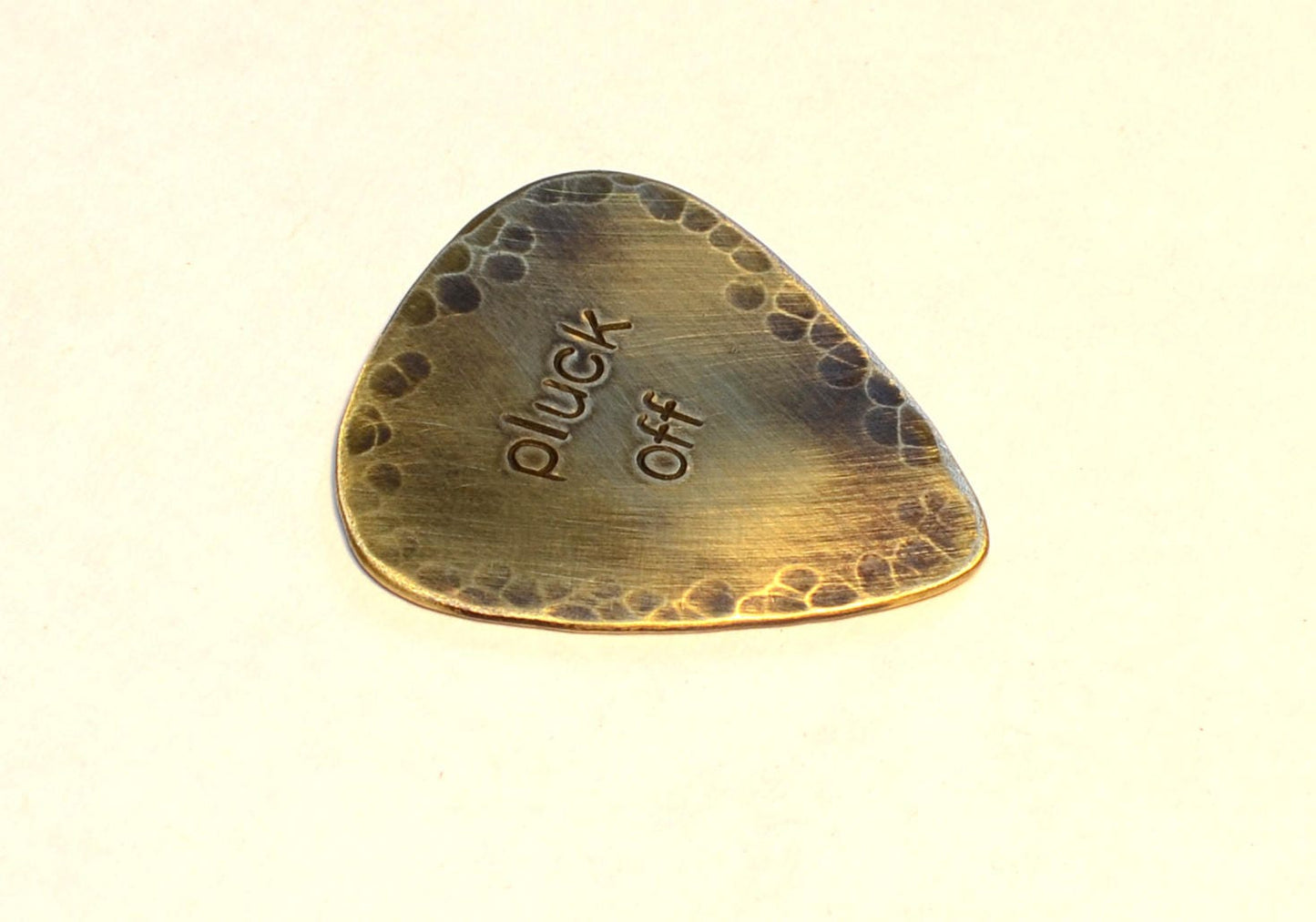 Pluck Off Brass Guitar Pick with Rustic Patina and Hammered Patterning