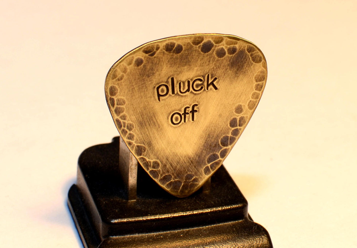Pluck Off Brass Guitar Pick with Rustic Patina and Hammered Patterning