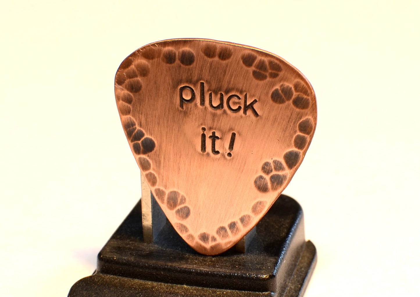 Rustic Pluck It Copper Guitar Pick with Patina and Hammered Finish