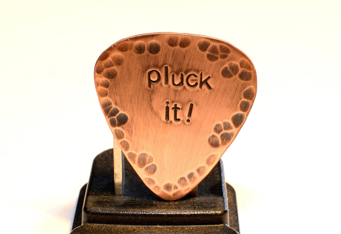Rustic Pluck It Copper Guitar Pick with Patina and Hammered Finish