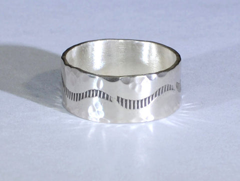 Rustic Sterling Silver Ring Imprinted with Handmade Border Stamps and Hammered Texture, NiciArt 