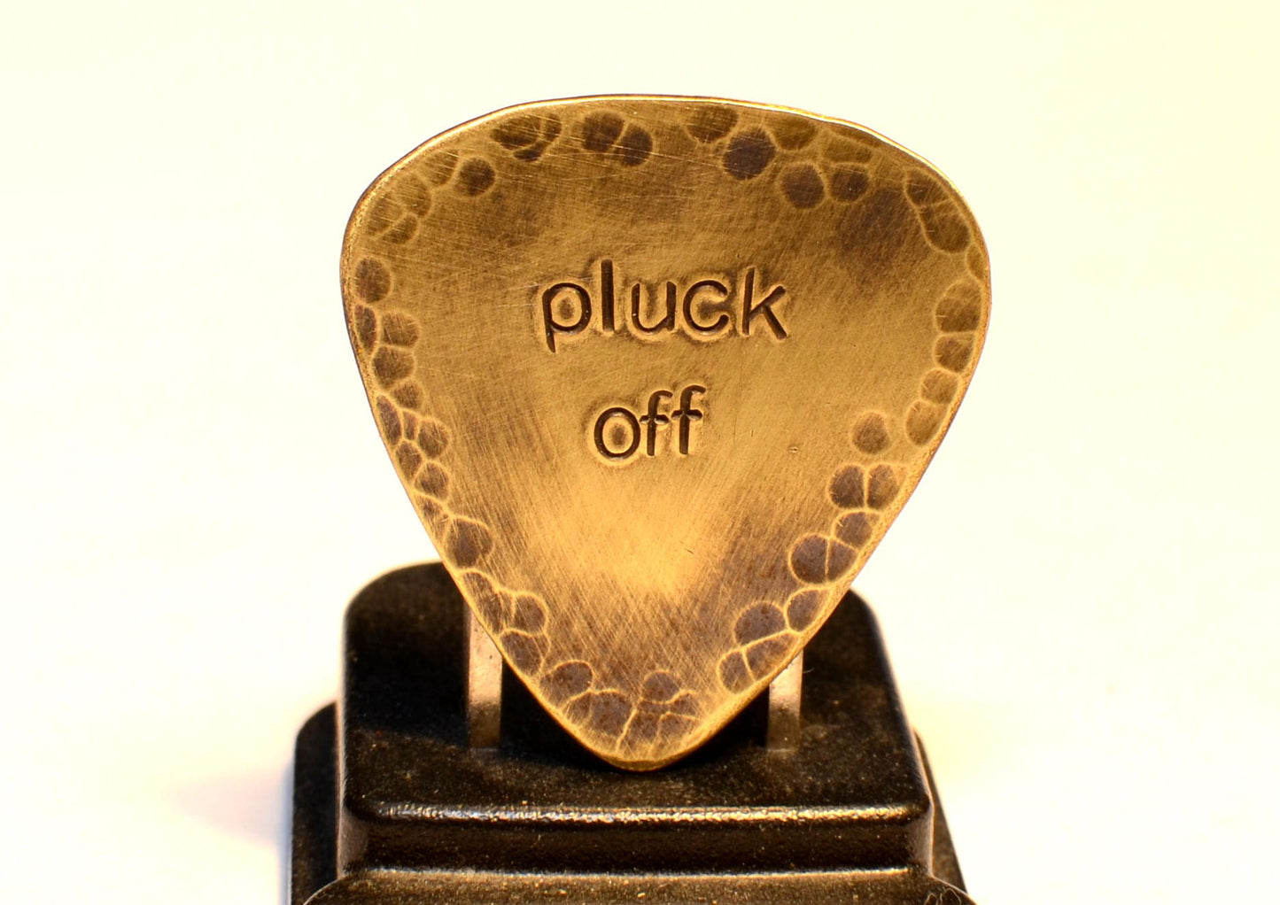 Pluck Off Brass Guitar Pick with Rustic Patina and Hammered Patterning