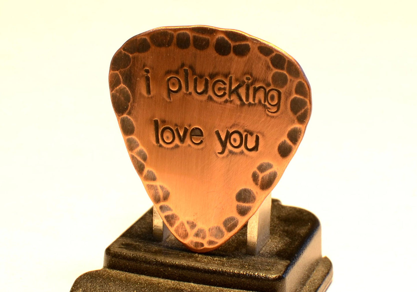 Rustic I Plucking Love You Copper Guitar Pick with Patina and Hammered patterning